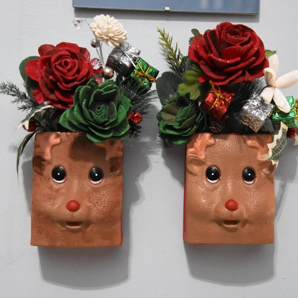 Vintage Rudolph shaped painted pottery with Sola Woods Flower Christmas Holiday
